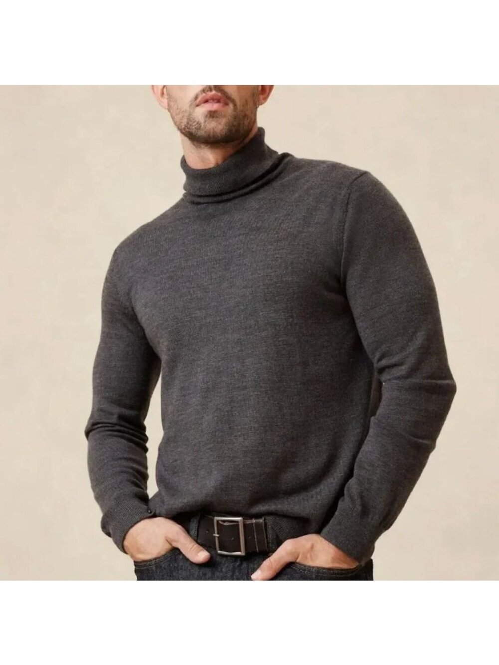 Banana Republic Mens French Rib 100% Cotton Turtleneck Medium Gray Dark FA NWT
